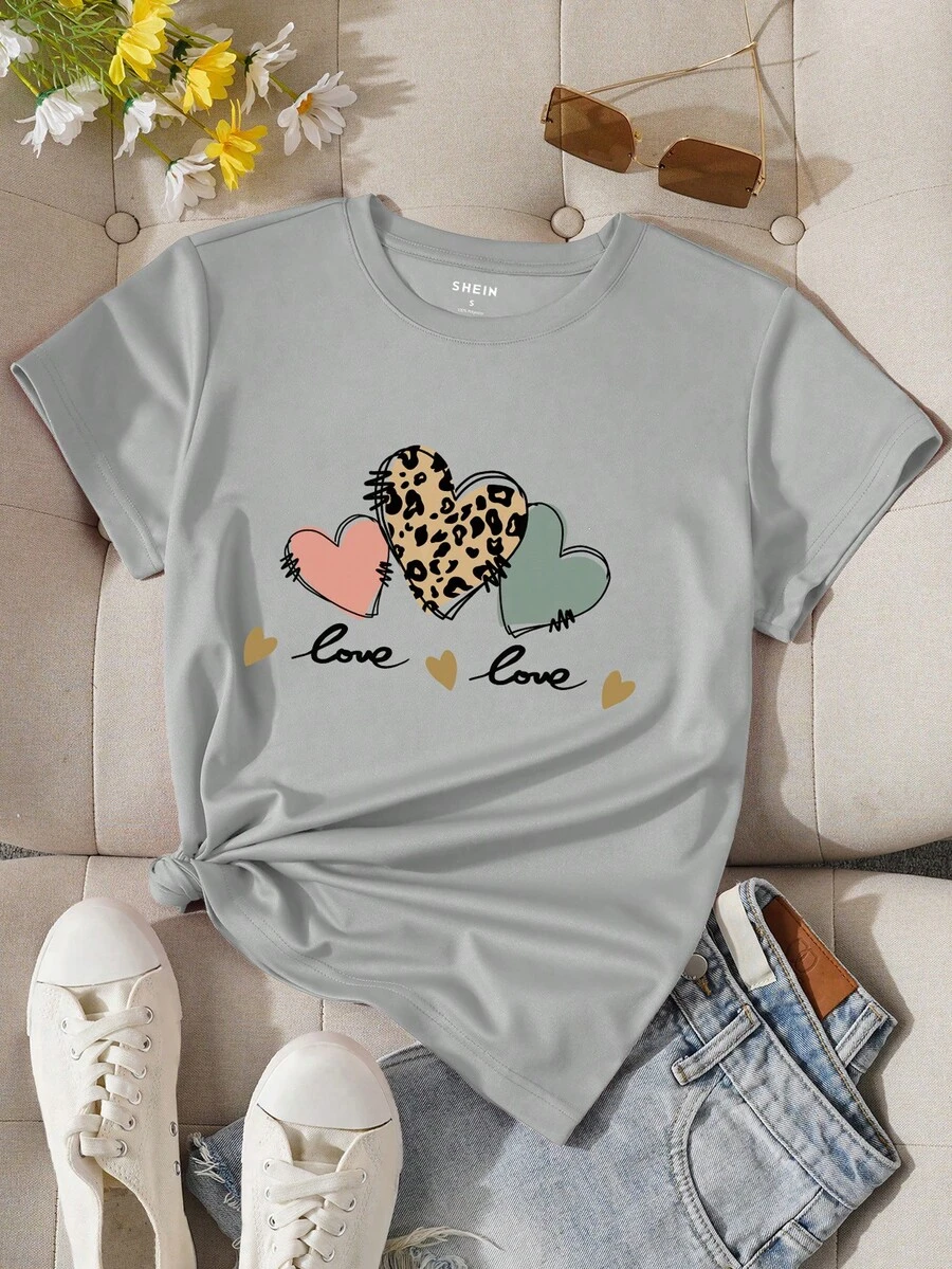 SHEIN Essnce 女款心形和字母印花t恤 - 灰色 - 查看 1