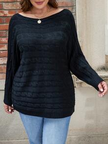 SHEIN LUNE 女士加大號鏈繩針織實色毛衣,帶船頸設計 - 黑色 - 查看 4