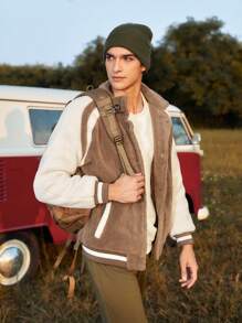 In My Nature Men Contrast Raglan Sleeve Striped Trim Outdoor Fleece Jacket - Khaki - View 6