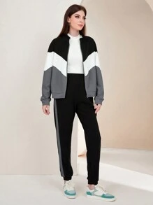 Mulvari 女式拼色夹克和裤子套装 2 件套 - 灰色 - 查看 4