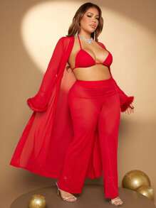 SHEIN SXY Kích thước lớn Của phụ nữ Năm mới Đỏ  Cổ tay áo áo , Áo hai dây Và Quần Bộ - Đỏ - Xem 3