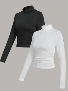 SHEIN Unity 2 Miếng Chất rắn Cổ cao Áo thun - Nhiều màu - Xem 1