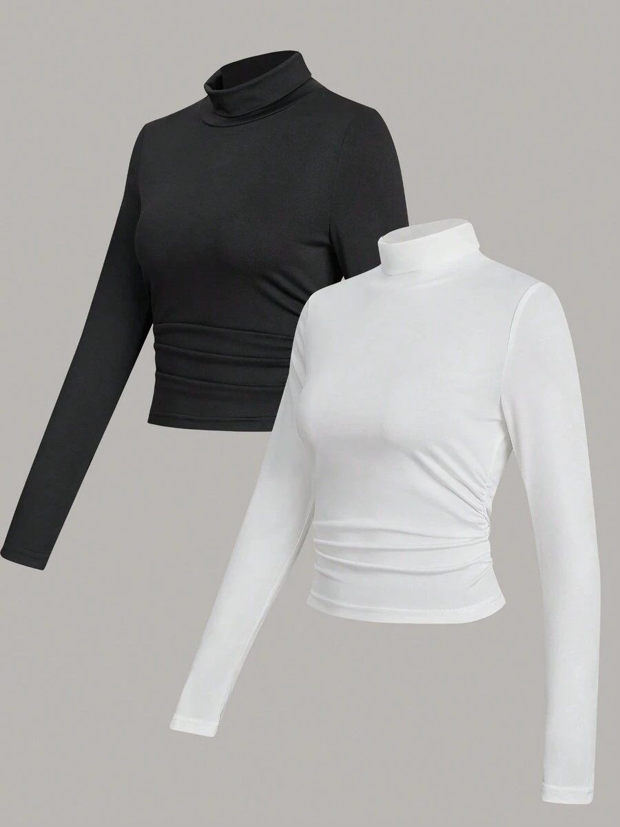 SHEIN Unity 2 Miếng Chất rắn Cổ cao Áo thun - Nhiều màu - Xem 1