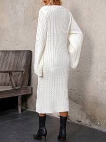 SHEIN Clasi 女款純色喇叭袖毛衣洋裝(無腰帶) - 米色 - 查看 2