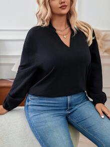 SHEIN Essnce Áo sơ mi nữ cỡ lớn tay phồng với cổ bèo nhún. - màu đen - Xem 3