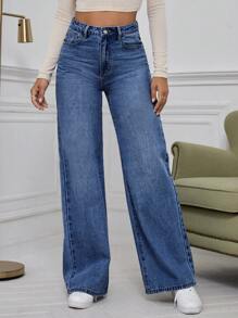 SHEIN Privé Pantalones Vaqueros Anchos De Pierna Ancha Y Suelto Para Mujer De Color Sólido