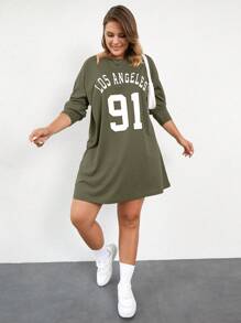 RueChic 字母印花大碼長袖洋裝 - 橄欖綠 - 查看 1