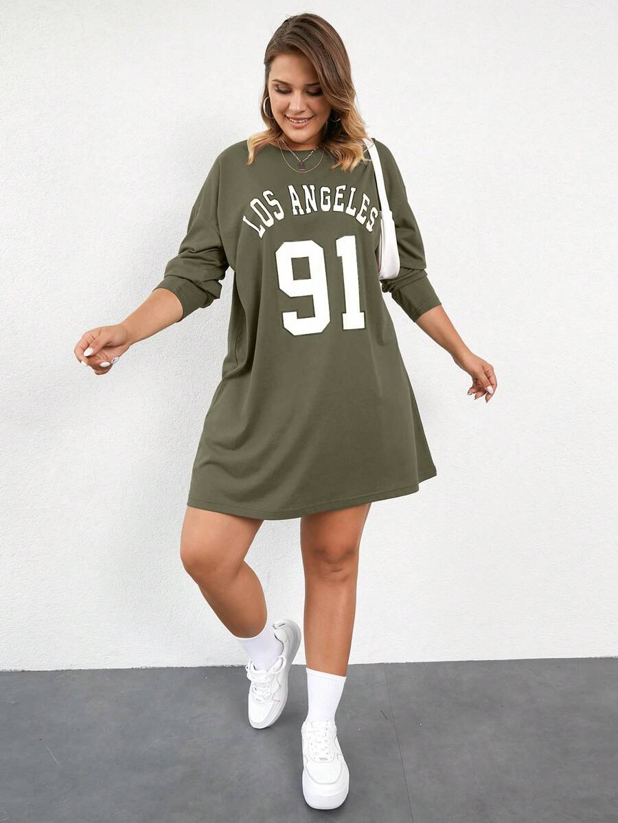 RueChic 字母印花大碼長袖洋裝 - 橄欖綠 - 查看 1