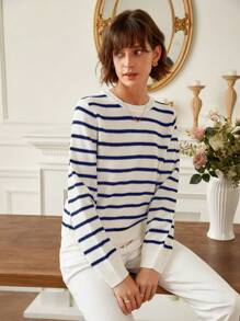 SHEIN Frenchy Của phụ nữ Sọc Áo len - Xanh đậm - Xem 3