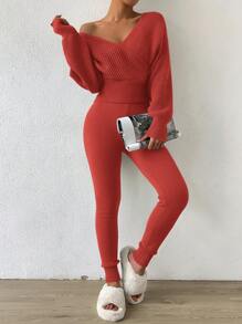 SHEIN Essnce 女士v領毛衣和緊身針織褲套裝 - 橘色 - 查看 3