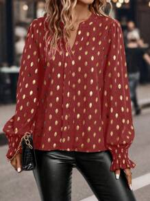 SHEIN LUNE Vàng Lấm tấm Cổ áo có khía Tay áo Đèn lồng Áo sơ mi quấn - Gỗ đỏ - Xem 6