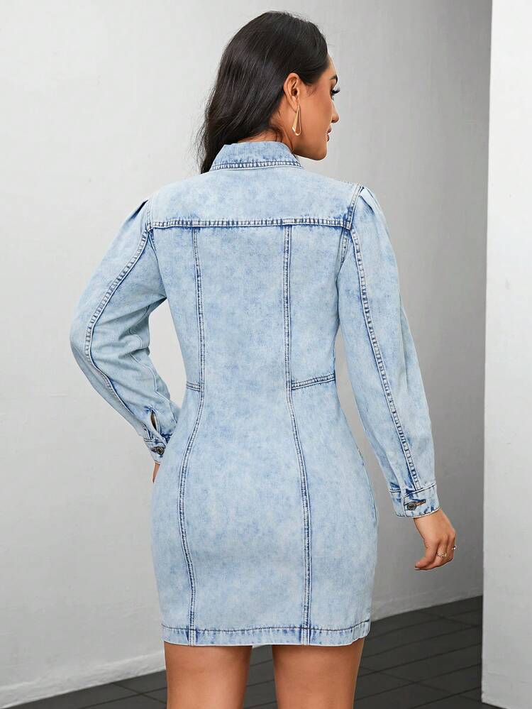 Ladies' Slim Fit Denim Shirt Dress With Turn-down Collar