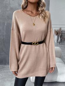 SHEIN LUNE Của phụ nữ Cổ chữ V Thả vai Màu thuần Áo len - Màu Khaki - Xem 5