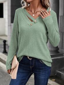 SHEIN LUNE 女士休閒鈕領基礎t恤 - 薄荷綠 - 查看 6