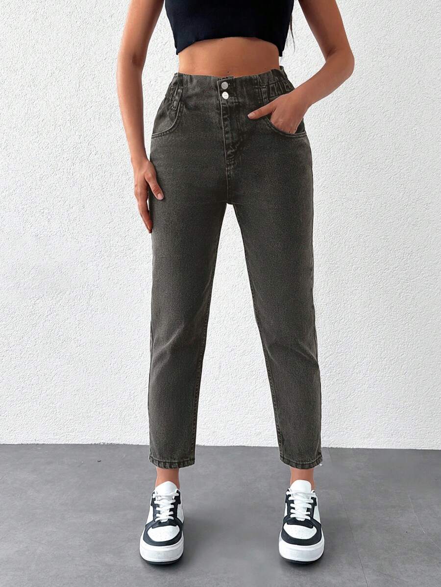 SHEIN Cottnline Women's Straight Leg Denim Pants - Hitam - View 1
