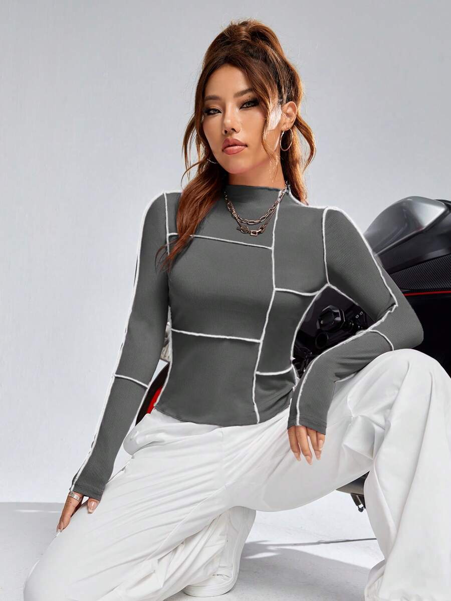 SHEIN Coolane Để lộ ra Đường may Một nửa Cổ áo cao Áo thun - Màu xám đen - Xem 1