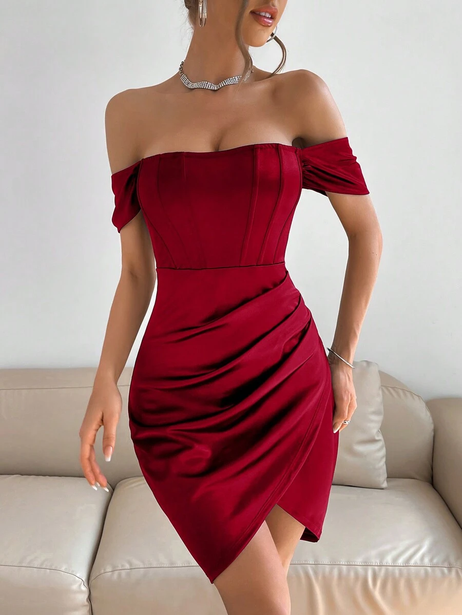 VaVaBold Red Sexy Satin Dress,Elegant Valentine's Day Dress,Summer Spring Women Party Dresses,Off Shoulder Ruched Tulip Hem Short Dress,Solid Color Sexy Wrap Dress,Dress For Wedding Guest,Prom Dress Formal Dress Cocktail Dress Beach Dress Daily Wear,Dating Outfits For Ladies,Birthday/Holiday Cloth - Red - View 1