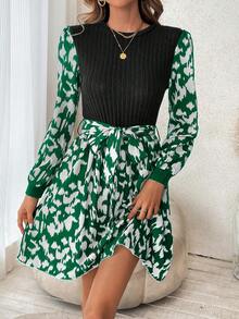 SHEIN Frenchy Của phụ nữ In Đồ họa Tay áo lồng đèn Váy có thắt lưng - Nhiều màu - Xem 5