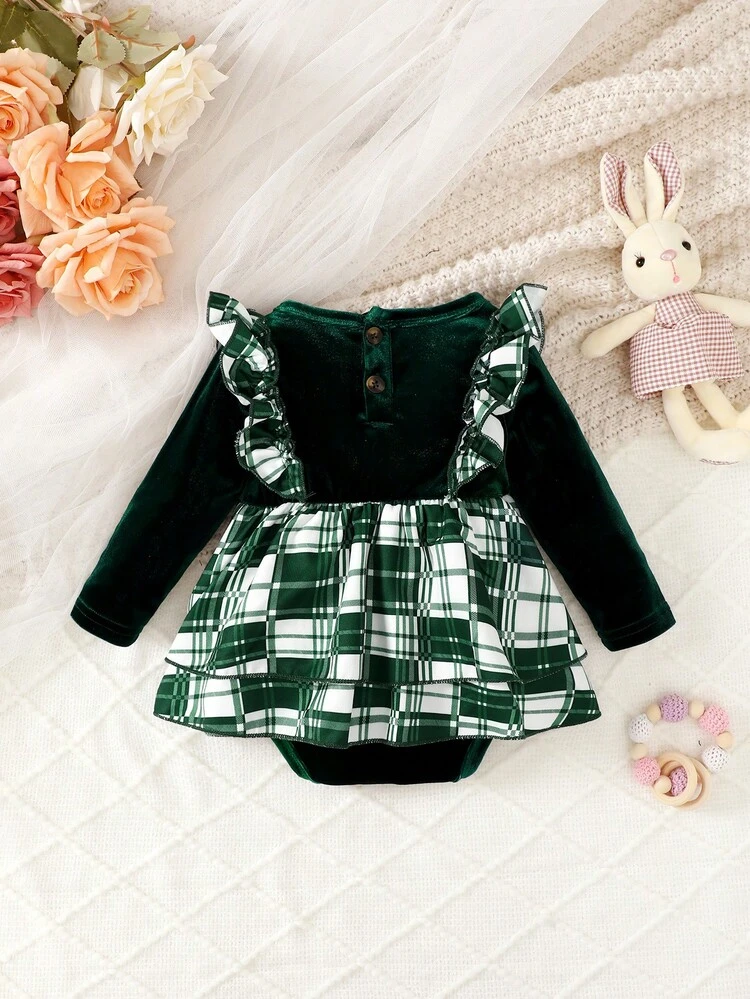 Baby Girl's Fashionable And Cute Grid Digital Print Splicing Sweatshirt Dress For Spring And Autumn