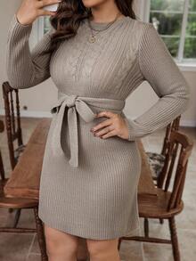 Calvaya 大尺碼女式粗針織毛衣裙配腰帶 - 卡其色 - 查看 6