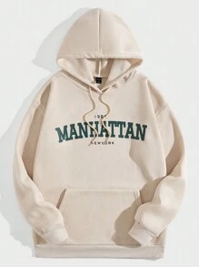 ROMWE MEN Prep Men Letter Printed Hooded Sweatshirt With Drawstring - Apricot - View 1