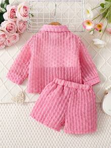 SHEIN 女嬰素色吊帶背心和短褲和前排扣襯衫 - 玫紅色 - 查看 2