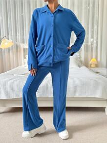 SHEIN Essnce Solid Color Velvet Women's Tracksuit - Royal Blue - View 5
