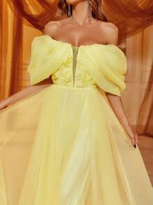 Organza Chiffon One-Shoulder Prom Party Dress - Yellow - View 4