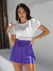 SHEIN Của phụ nữ Xu hướng: Cắt giảm Dệt kim Ngắn tay Áo - trắng - Xem 1