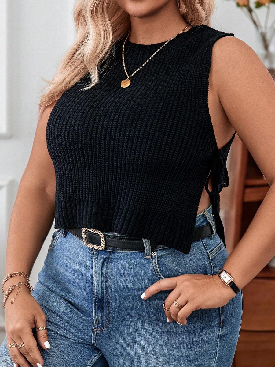 Calvaya Plus Size Knitted Short Top With Side Strap Detail - Black - View 1