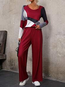 EMERY ROSE 女士色塊t恤和褲子套裝 - 紅色 - 查看 4