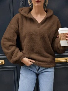 EURMUSE Solid Drop Shoulder Teddy Sweatshirt - Brown - View 1
