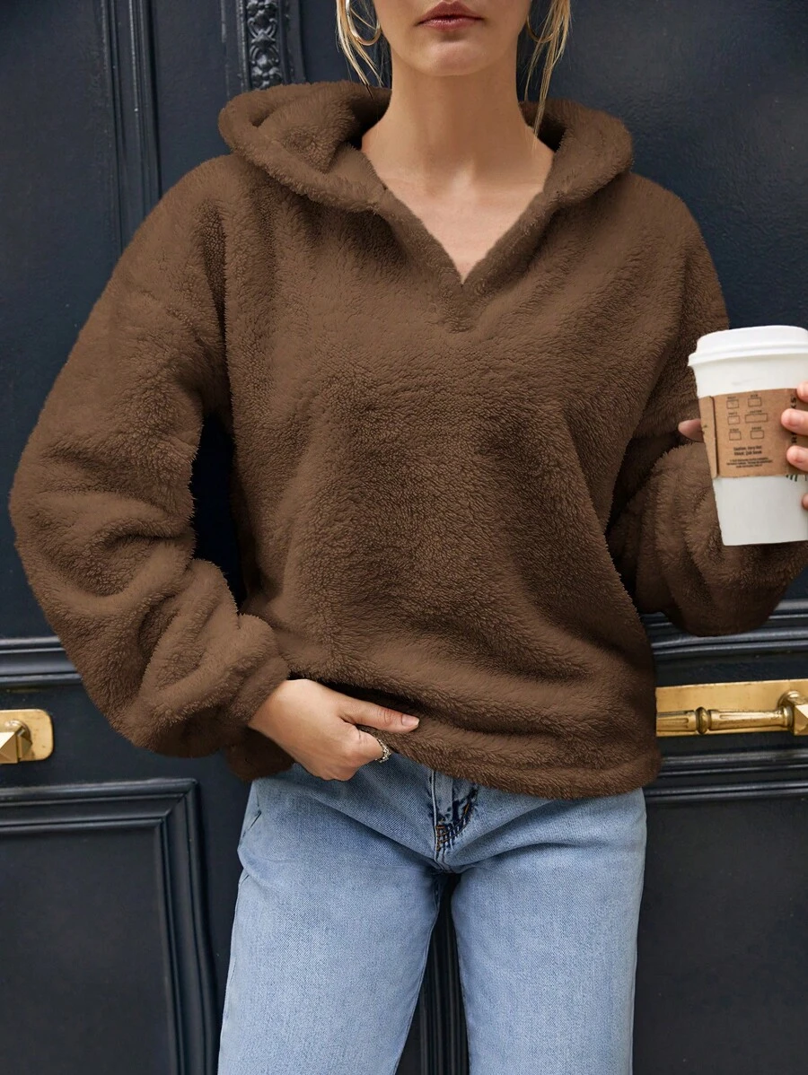 EURMUSE Solid Drop Shoulder Teddy Sweatshirt - Brown - View 1