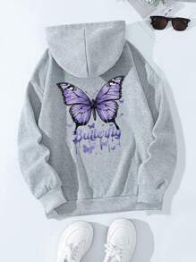 SHEIN Essnce 女士長毛絨內膽連帽衫,蝴蝶和字母印花設計 - 灰色 - 查看 1