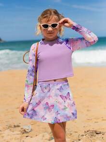 Tween Girl Butterfly Pattern 3-Piece Raglan SleeveTankini Swimwear Set - Mauve Purple - View 3
