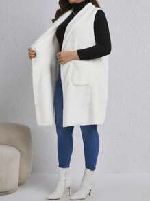 SHEIN LUNE Kích thước lớn Mở Mặt trước Áo vest Có khăn choàng Vòng cổ Và Giường đôi tiêu chuẩn Túi - trắng - Xem 6