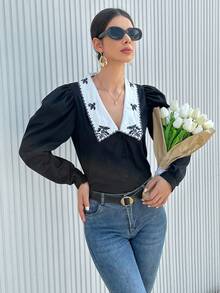 SHEIN Privé Flower Embroidery Bubble Sleeve Shirt With Patchwork Collar - Black - View 5