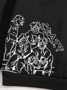 Teenage Boys' Street Style Hooded Knitted Sweatshirt With Letter Print - Black - View 6