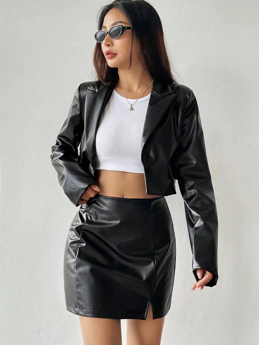 SHEIN EZwear Đen Đàn hồi Da Bộ đồ Bộ - màu đen - Xem 1