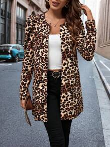 SHEIN Clasi Abrigo con estampado de leopardo de manga gigot con parte delantera abierta - Multicolor - Ver 6