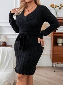 Calvaya Plus Size Women's V-neck Ribbed Slim Fit Sweater Dress With Belt - Black - View 6