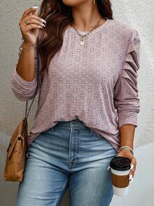 SHEIN CURVE+ Plus Eyelet Embroidery Gigot Sleeve Tee - Pink - View 4
