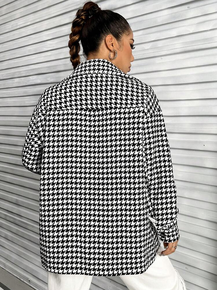 Women's Houndstooth Check Long Sleeve Woolen Coat