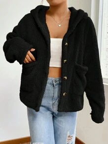 SHEIN EZwear Của phụ nữ Sang trọng Nút lên áo có mũ Áo khoác - màu đen - Xem 6