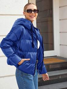 EURMUSE Chaqueta Acolchada Corta Con Capucha Y Cremallera De Color Liso Para Mujer - Agua verde azul - Ver 5