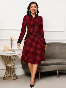 SHEIN Lady 女士春秋千鸟格翻领长袖优雅办公室通勤连衣裙 - 紅色 - 查看 4