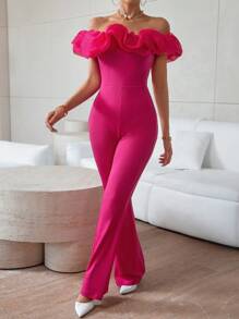 SHEIN Privé Ladies Off Shoulder Lace Trim Flared Jumpsuit - Hot Pink - View 4