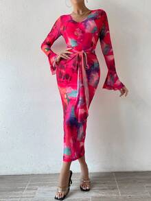 SHEIN Privé In toàn bộ Cổ chữ V Có nút & Self-Tie Thắt lưng & Khe Chi tiết Tay áo dài Đầm - Đỏ - Xem 7