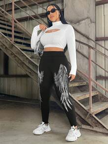 SHEIN EZwear Plus Size Leggings With Hotfix Rhinestone Wings Pattern - Black - View 5