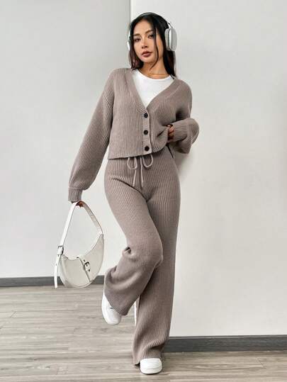 SHEIN EZwear Autumn And Winter Women's Casual Solid Color Long Sleeves Knitwear Cardigan Two Pieces Set